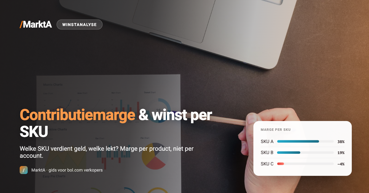 Kleurrijke grafieken op een bureau met potlood — contributiemarge per SKU op bol.com