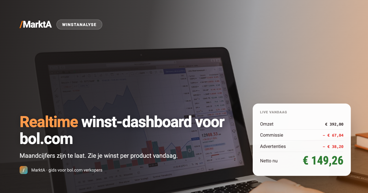 Persoon analyseert financiële data op een laptop — realtime winst-dashboard voor bol.com