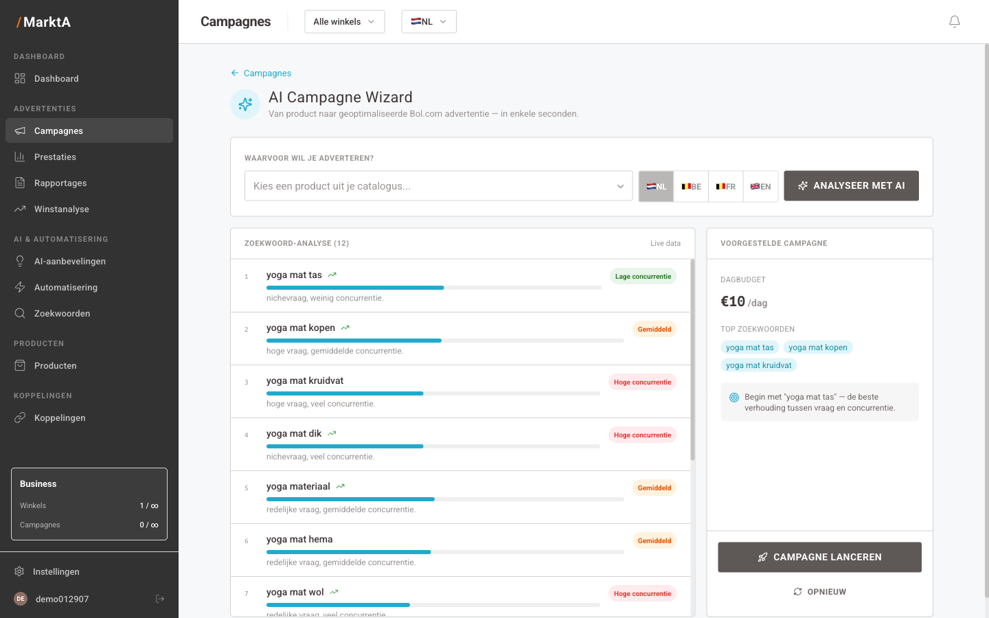 AI Campagne Wizard met zoekwoord-analyse en campagnevoorstel